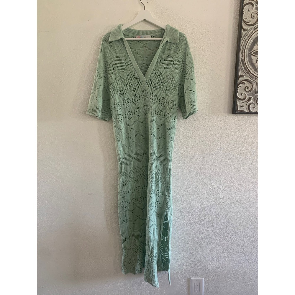 Free People Beach Mint Green Pointelle Knit Maxi Dress V-Neck Short Sleeve S